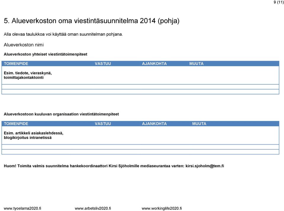 tiedote, vieraskynä, toimittajakontaktointi Alueverkostoon kuuluvan organisaation viestintätoimenpiteet TOIMENPIDE VASTUU AJANKOHTA