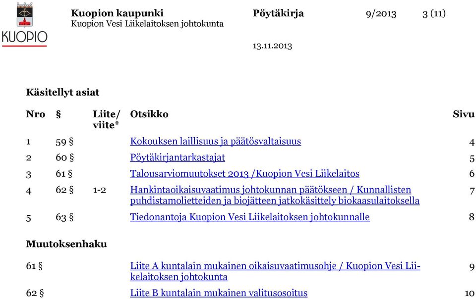 Kunnallisten puhdistamolietteiden ja biojätteen jatkokäsittely biokaasulaitoksella 5 63 Tiedonantoja Kuopion Vesi Liikelaitoksen johtokunnalle 8