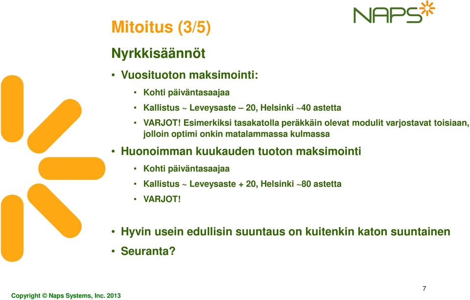 Esimerkiksi tasakatolla peräkkäin olevat modulit varjostavat toisiaan, jolloin optimi onkin matalammassa kulmassa