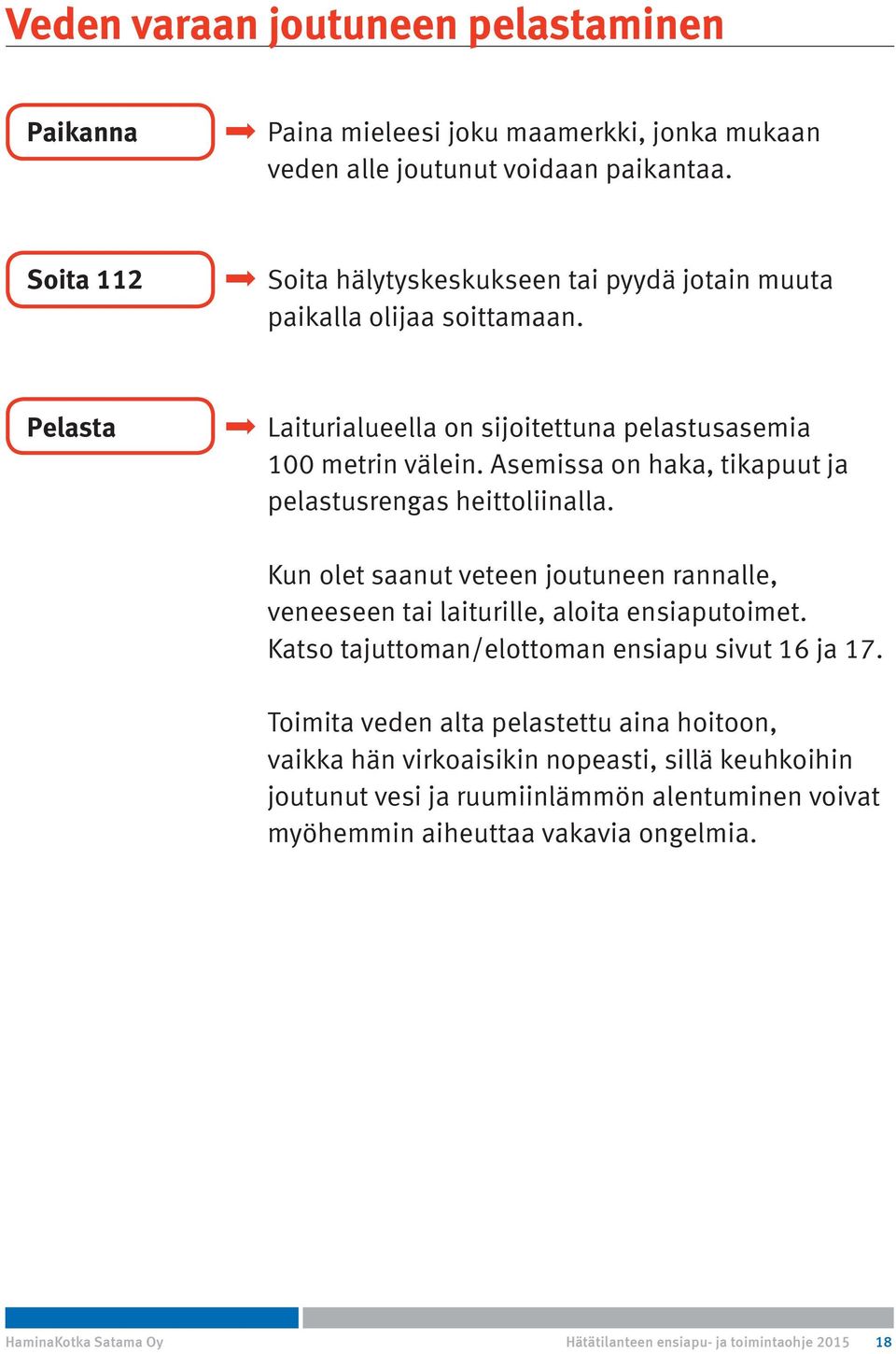 Asemissa on haka, tikapuut ja pelastusrengas heittoliinalla. Kun olet saanut veteen joutuneen rannalle, veneeseen tai laiturille, aloita ensiaputoimet.