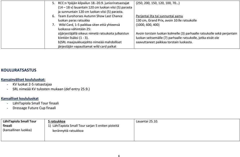 Wild Card, 1-5 paikkaa siten että yhteensä luokassa vähintään 25: (250, 200, 150, 120, 100, 70 ) ilta tai sunnuntai aamu 130 cm, Grand Prix, avoin 10:lle ratsukolle (1000, 600, 400) Avoin torstain