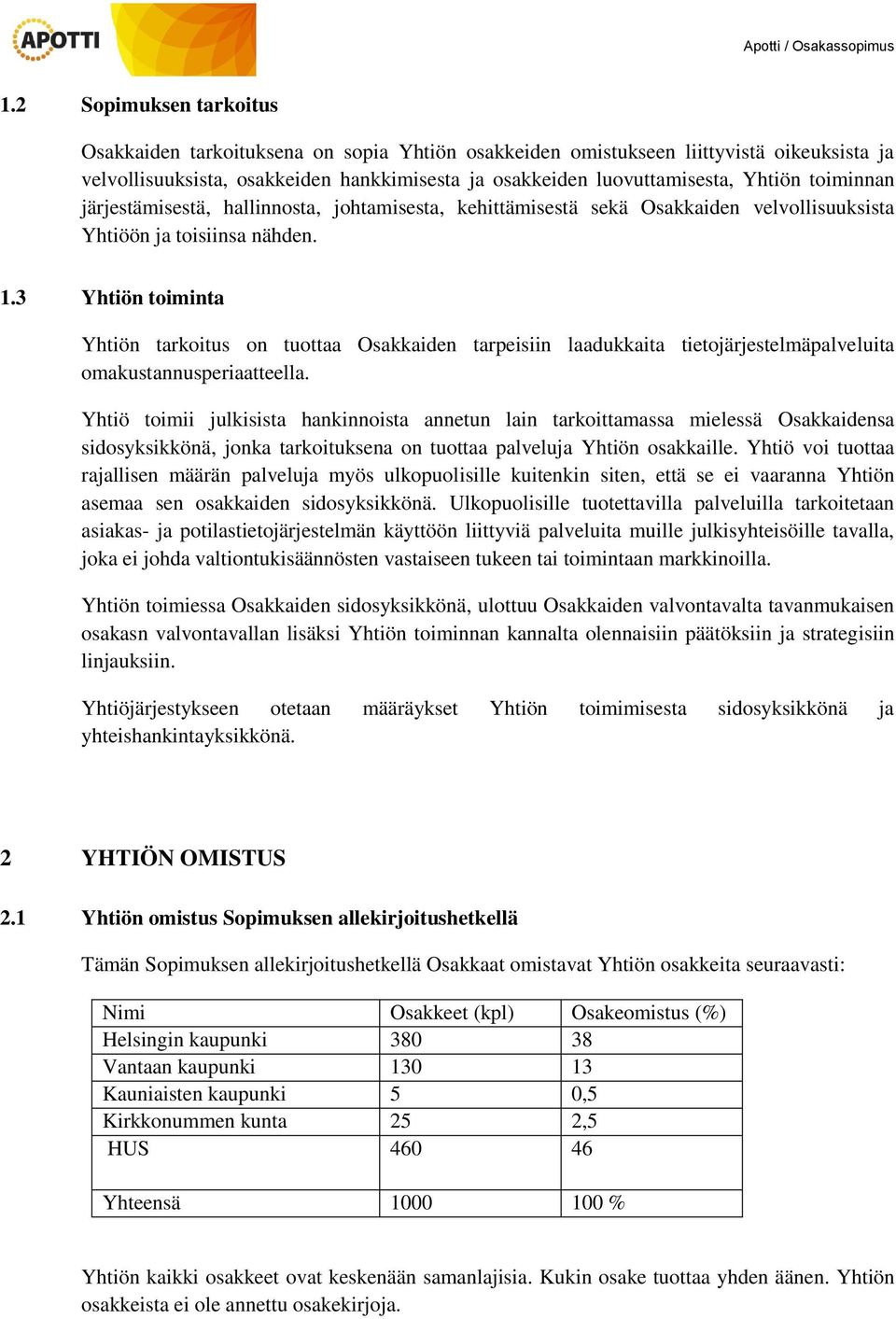 3 Yhtiön toiminta Yhtiön tarkoitus on tuottaa Osakkaiden tarpeisiin laadukkaita tietojärjestelmäpalveluita omakustannusperiaatteella.