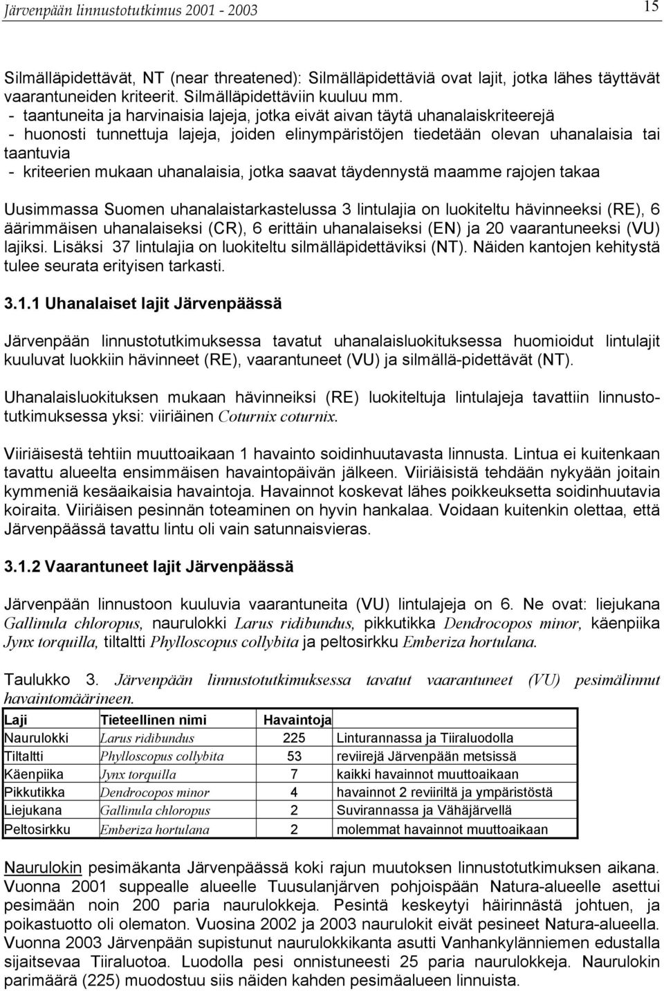 uhanalaisia, jotka saavat täydennystä maamme rajojen takaa Uusimmassa Suomen uhanalaistarkastelussa 3 lintulajia on luokiteltu hävinneeksi (RE), 6 äärimmäisen uhanalaiseksi (CR), 6 erittäin