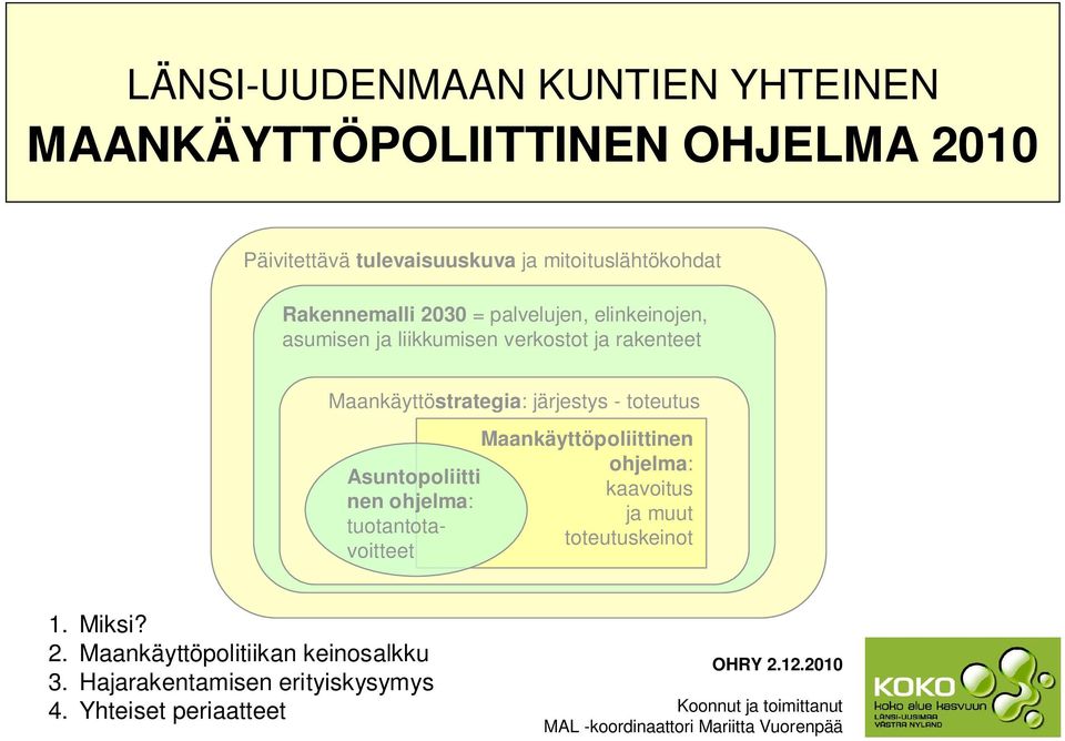 Maankäyttöpoliittinen ohjelma: Asuntopoliitti kaavoitus nen ohjelma: ja muut tuotantotavoitteet toteutuskeinot 1. Miksi? 2.