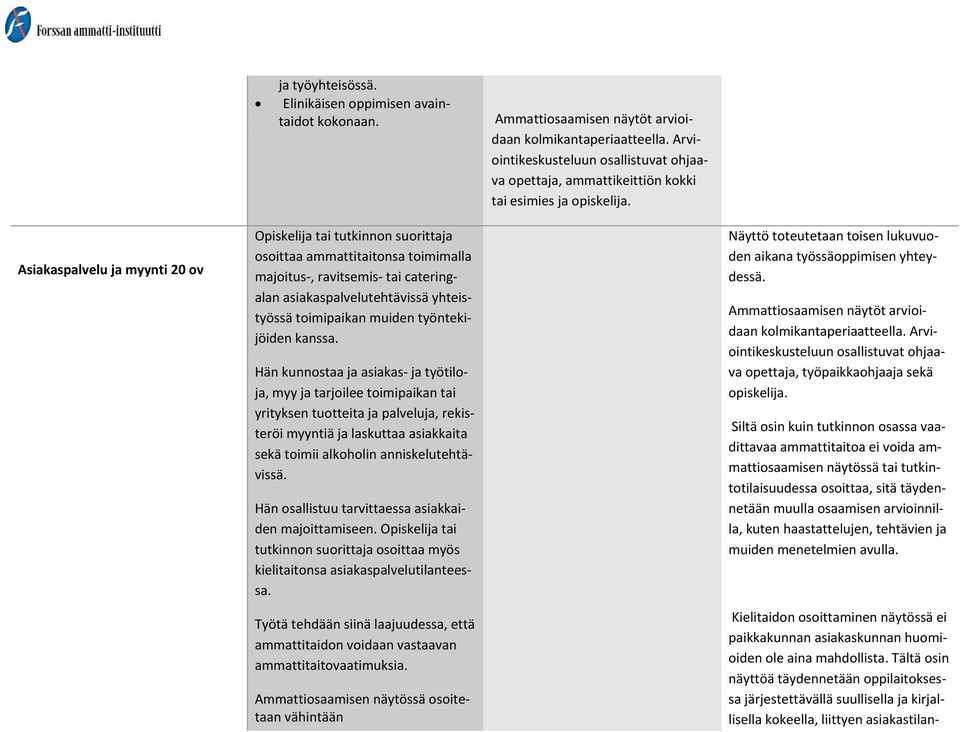 osoittaa ammattitaitonsa toimimalla majoitus, ravitsemis tai cateringalan asiakaspalvelutehtävissä yhteistyössä toimipaikan muiden työntekijöiden kanssa.