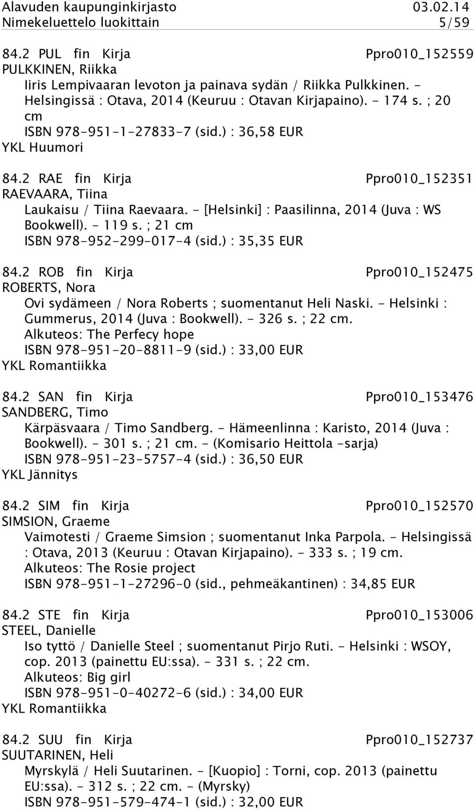 2 RAE fin Kirja Ppro010_152351 RAEVAARA, Tiina Laukaisu / Tiina Raevaara. - [Helsinki] : Paasilinna, 2014 (Juva : WS Bookwell). - 119 s. ; 21 cm ISBN 978-952-299-017-4 (sid.) : 35,35 EUR 84.