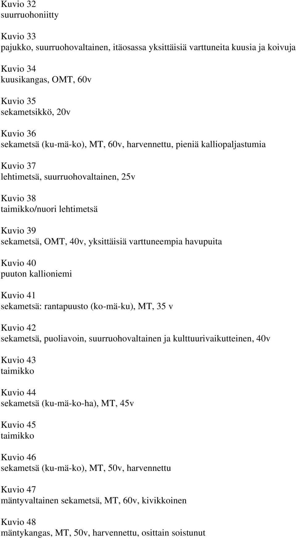 havupuita Kuvio 40 puuton kallioniemi Kuvio 41 sekametsä: rantapuusto (ko-mä-ku), MT, 35 v Kuvio 42 sekametsä, puoliavoin, suurruohovaltainen ja kulttuurivaikutteinen, 40v Kuvio 43 taimikko Kuvio 44