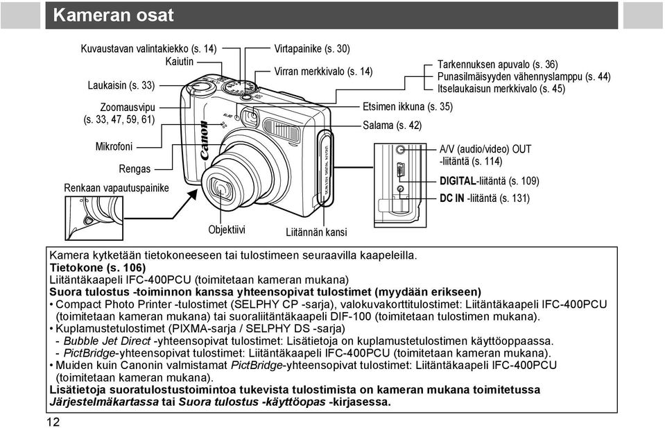 114) DIGITAL-liitäntä (s. 109) DC IN -liitäntä (s. 131) Kamera kytketään tietokoneeseen tai tulostimeen seuraavilla kaapeleilla. Tietokone (s.