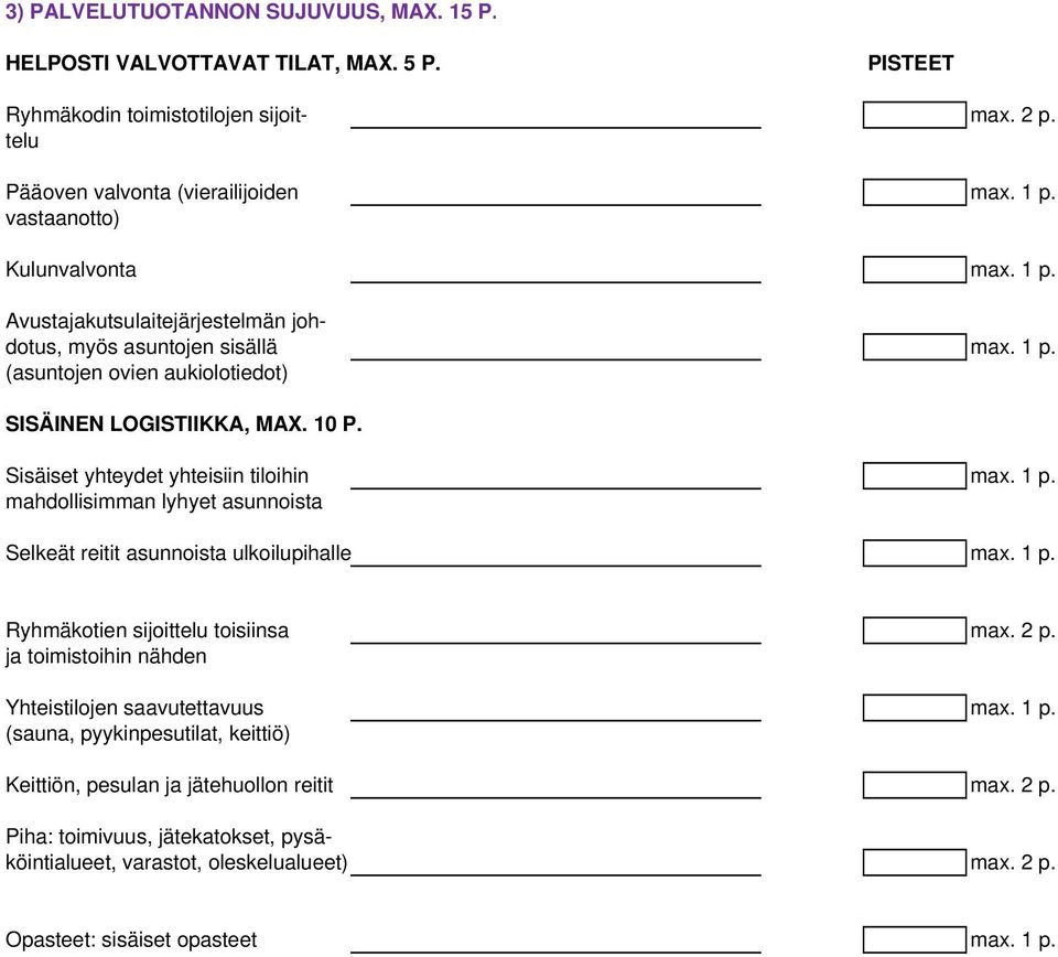 Sisäiset yhteydet yhteisiin tiloihin max. 1 p. mahdollisimman lyhyet asunnoista Selkeät reitit asunnoista ulkoilupihalle max. 1 p. Ryhmäkotien sijoittelu toisiinsa max. 2 p.