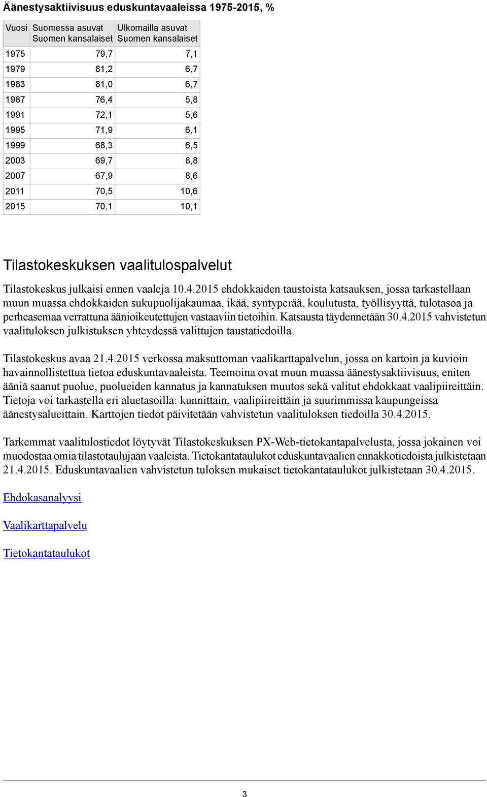 2015 ehdokkaiden taustoista katsauksen, jossa tarkastellaan muun muassa ehdokkaiden sukupuolijakaumaa, ikää, syntyperää, koulutusta, työllisyyttä, tulotasoa ja perheasemaa verrattuna