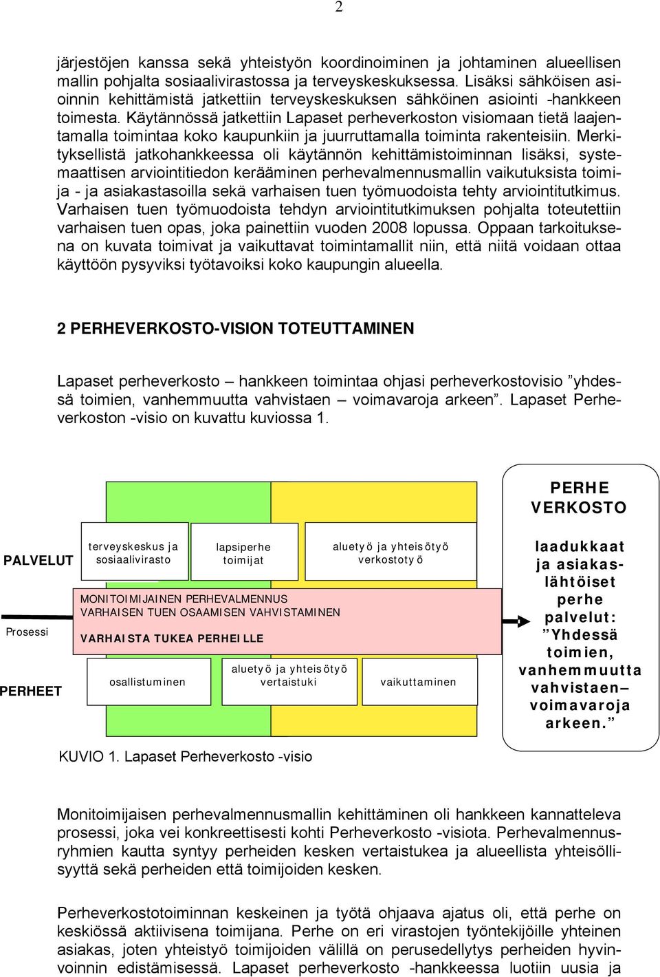 Käytännössä jatkettiin Lapaset perheverkoston visiomaan tietä laajentamalla toimintaa koko kaupunkiin ja juurruttamalla toiminta rakenteisiin.