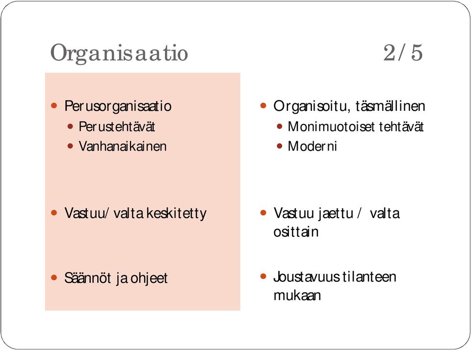 tehtävät Moderni Vastuu/valta keskitetty Säännöt ja