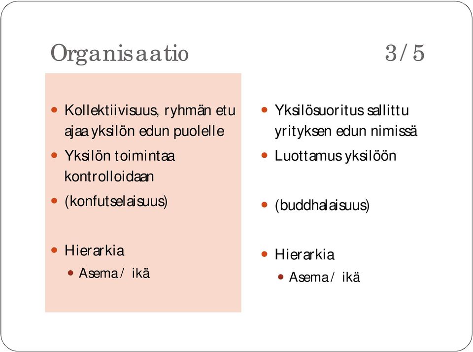 (konfutselaisuus) Hierarkia Asema / ikä Yksilösuoritus