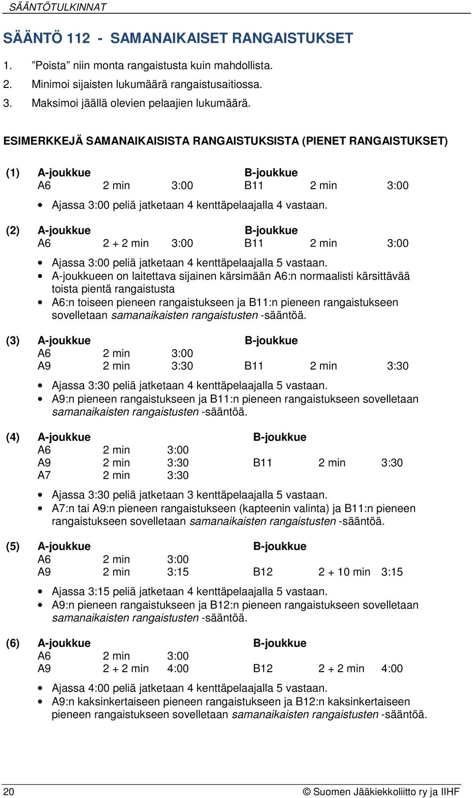 (2) A-joukkue B-joukkue A6 2 + 2 min 3:00 B11 2 min 3:00 A-joukkueen on laitettava sijainen kärsimään A6:n normaalisti kärsittävää toista pientä rangaistusta A6:n toiseen pieneen rangaistukseen ja