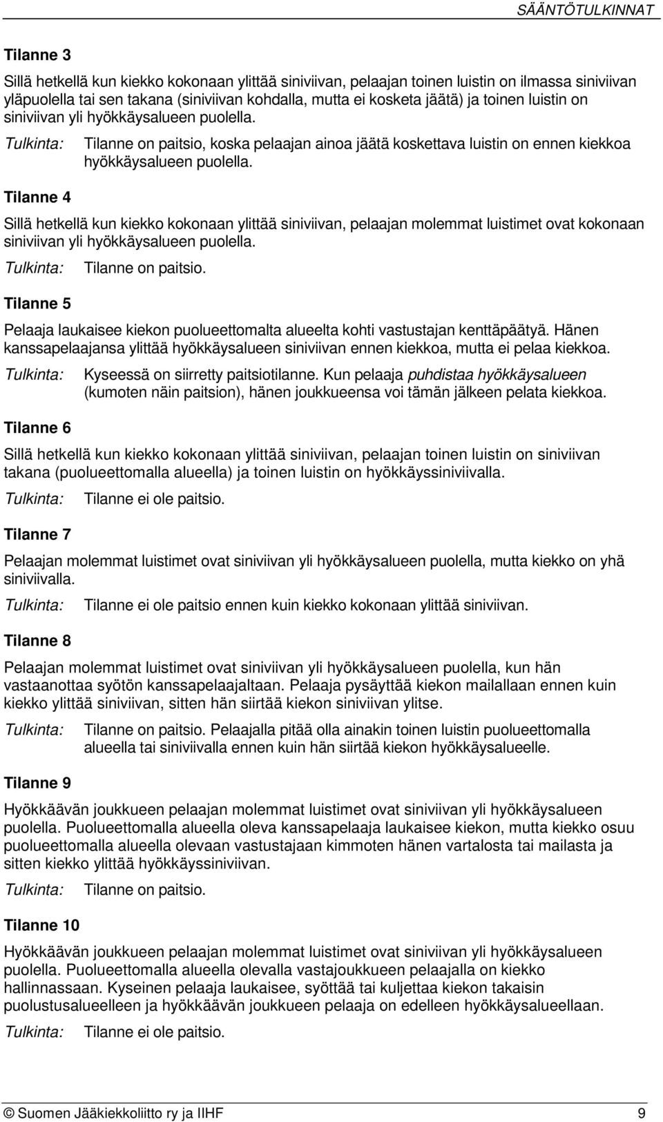 Sillä hetkellä kun kiekko kokonaan ylittää siniviivan, pelaajan molemmat luistimet ovat kokonaan siniviivan yli hyökkäysalueen puolella. Tilanne 5 Tilanne on paitsio.