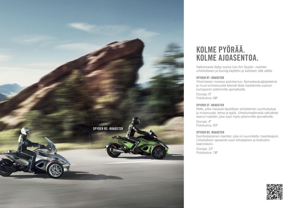 Etunoja: 0º Polvikulma: 98º SPYDER RS -ROADSTER SPYDER ST -ROADSTER Niille, jotka haluavat täydellisen yhdistelmän suorituskykyä ja mukavuutta, tehoa ja tyyliä.