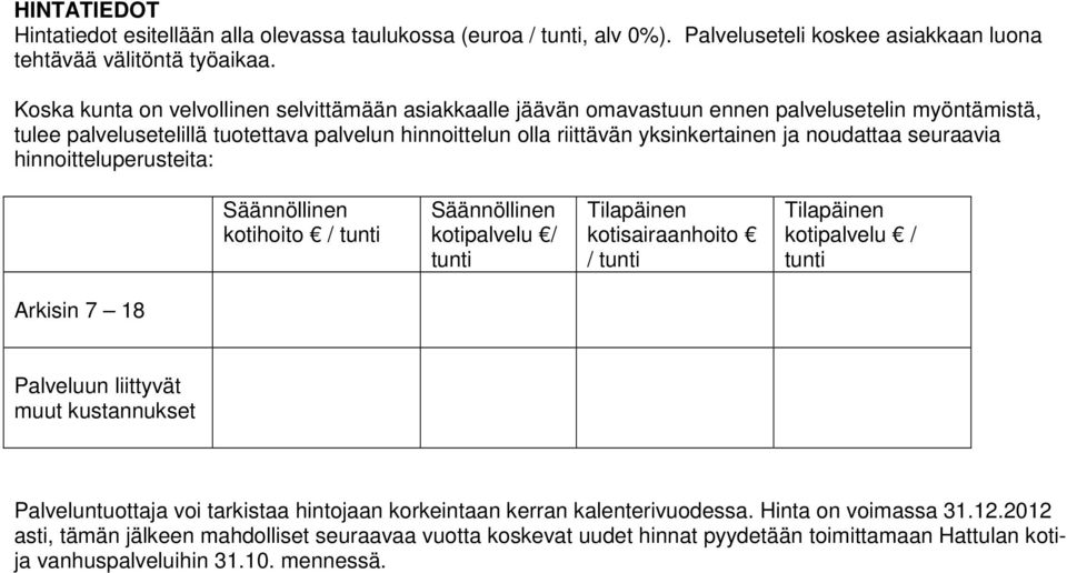 noudattaa seuraavia hinnoitteluperustta: Säännöllinen kotihoito / tunti Säännöllinen kotipalvelu / tunti Tilapäinen kotisairaanhoito / tunti Tilapäinen kotipalvelu / tunti Arkisin 7 18 Palveluun