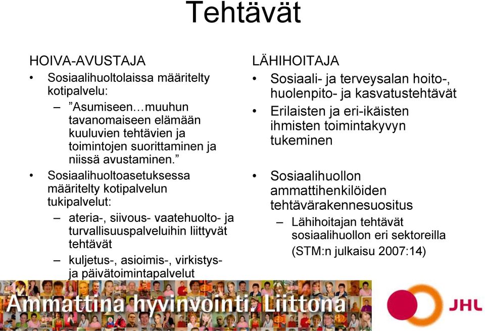 Sosiaalihuoltoasetuksessa määritelty kotipalvelun tukipalvelut: ateria-, siivous- vaatehuolto- ja turvallisuuspalveluihin liittyvät tehtävät kuljetus-, asioimis-,