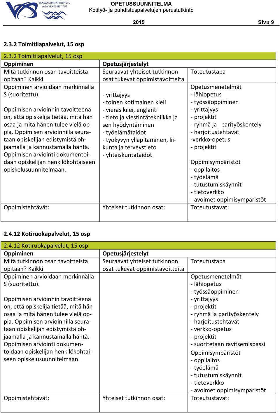 yhteiskuntataidot - lähiopetus - työssäoppiminen - yrittäjyys - projektit - ryhmä ja parityöskentely - harjoitustehtävät -verkko-opetus - projektit - oppilaitos - työelämä - tutustumiskäynnit -