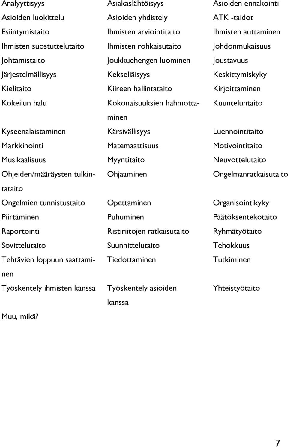 Kokonaisuuksien hahmottaminen Kuunteluntaito Kyseenalaistaminen Kärsivällisyys Luennointitaito Markkinointi Matemaattisuus Motivointitaito Musikaalisuus Myyntitaito Neuvottelutaito