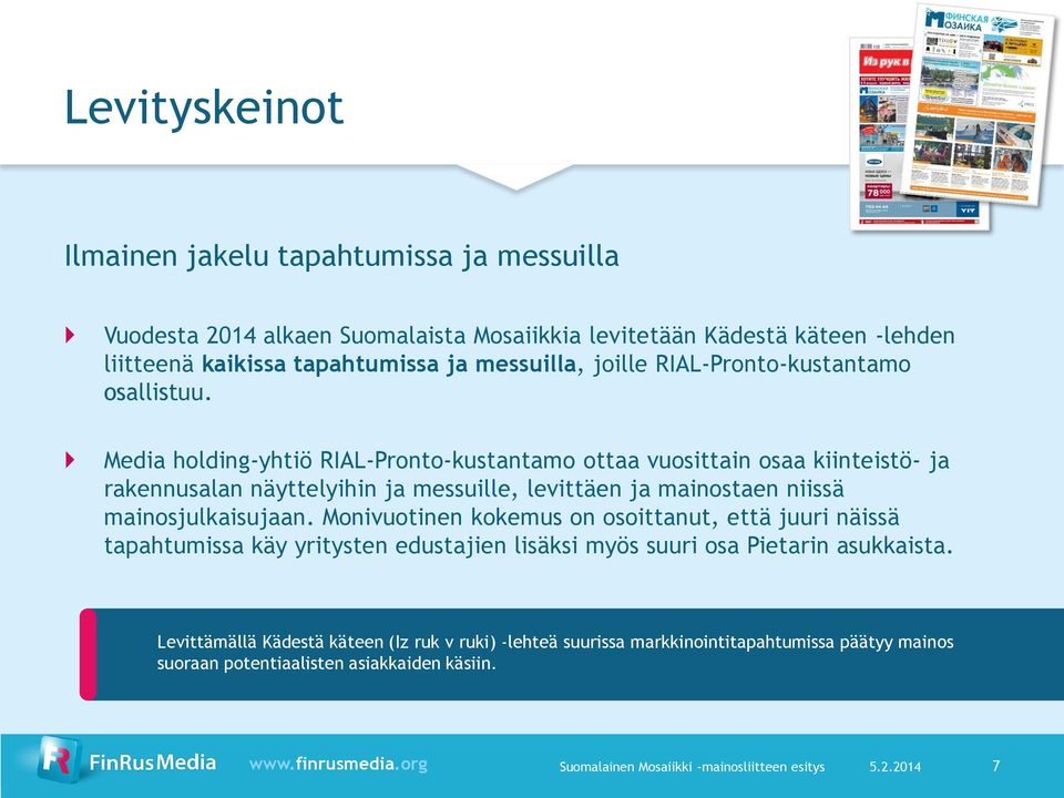 Media holding-yhtiö RIAL-Pronto-kustantamo ottaa vuosittain osaa kiinteistö- ja rakennusalan näyttelyihin ja messuille, levittäen ja mainostaen niissä mainosjulkaisujaan.