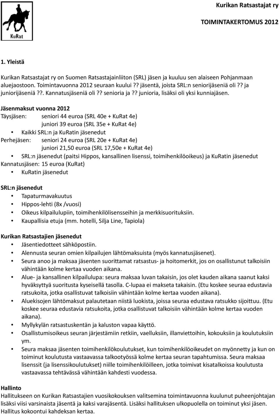 Jäsenmaksut vuonna 2012 Täysjäsen: seniori 44 euroa (SRL 40e + KuRat 4e) juniori 39 euroa (SRL 35e + KuRat 4e) Kaikki SRL:n ja KuRatin jäsenedut Perhejäsen: seniori 24 euroa (SRL 20e + KuRat 4e)