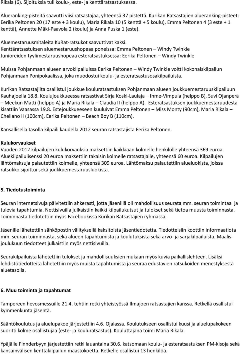 Puska 1 (este). Aluemestaruusmitaleita KuRat-ratsukot saavuttivat kaksi.