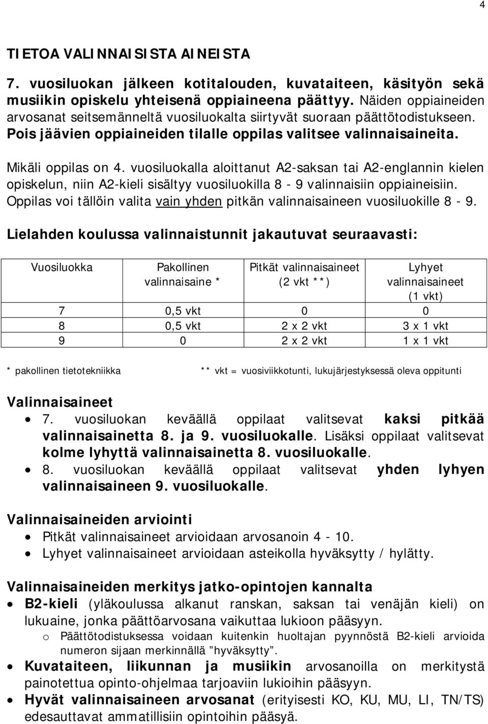 vuosiluokalla aloittanut A2-saksan tai A2-englannin kielen opiskelun, niin A2-kieli sisältyy vuosiluokilla 8-9 valinnaisiin oppiaineisiin.