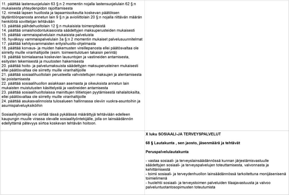 päättää päihdehuoltolain 12 :n mukaisista toimenpiteistä 14. päättää omaishoidontukiasioista säädettyjen maksuperusteiden mukaisesti 15. päättää vammaispalvelulain mukaisista palveluista 16.