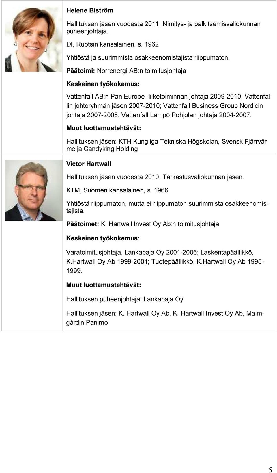 Vattenfall Lämpö Pohjolan johtaja 2004-2007. Hallituksen jäsen: KTH Kungliga Tekniska Högskolan, Svensk Fjärrvärme ja Candyking Holding Victor Hartwall Hallituksen jäsen vuodesta 2010.