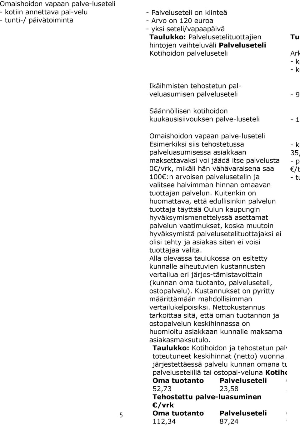 5 Omaishoidon vapaan palve-luseteli Esimerkiksi siis tehostetussa palveluasumisessa asiakkaan maksettavaksi voi jäädä itse palvelusta 0 /vrk, mikäli hän vähävaraisena saa 100 :n arvoisen