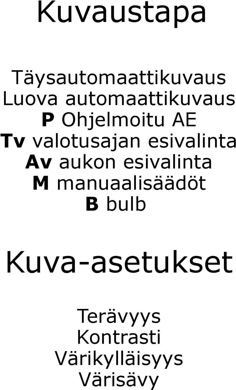 esivalinta Av aukon esivalinta M manuaalisäädöt B