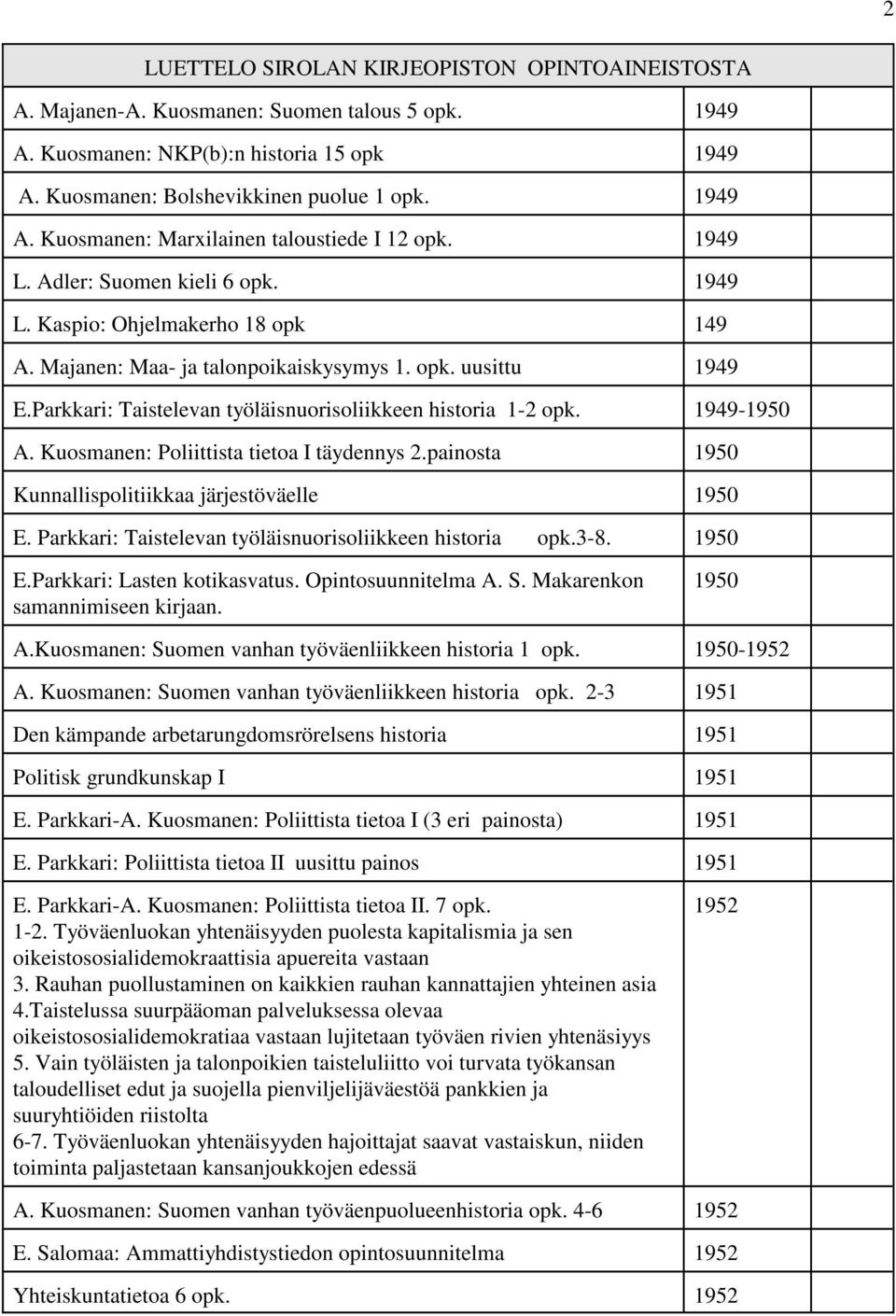 1949-1950 A. Kuosmanen: Poliittista tietoa I täydennys 2.painosta 1950 Kunnallispolitiikkaa järjestöväelle 1950 E. Parkkari: Taistelevan työläisnuorisoliikkeen historia opk.3-8. 1950 E.Parkkari: Lasten kotikasvatus.