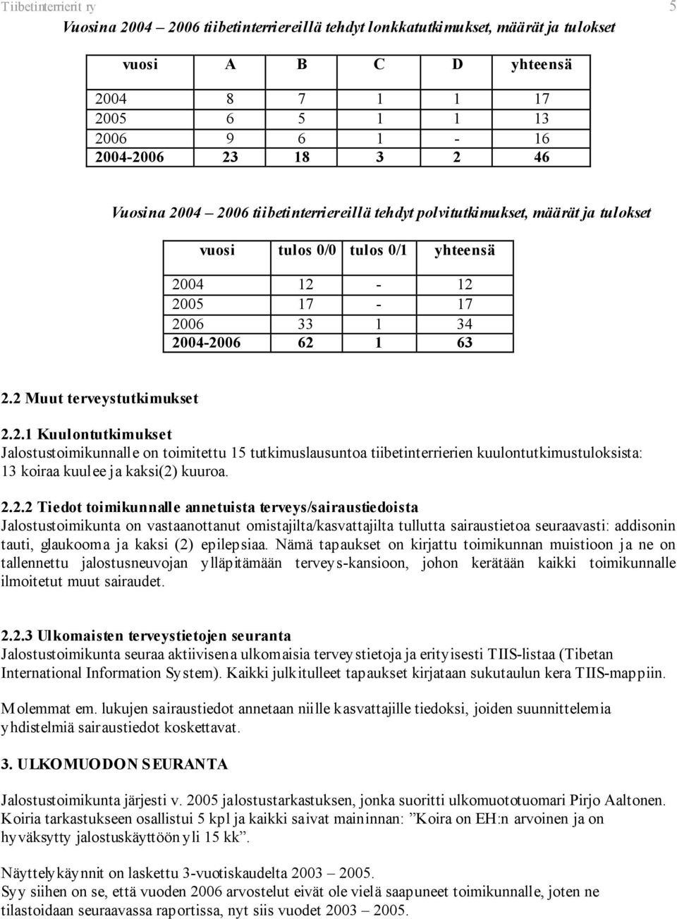 2 Muut terveystutkimukset 2.2.1 Kuulontutkimukset Jalostustoimikunnalle on toimitettu 15 tutkimuslausuntoa tiibetinterrierien kuulontutkimustuloksista: 13 koiraa kuulee ja kaksi(2) kuuroa. 2.2.2
