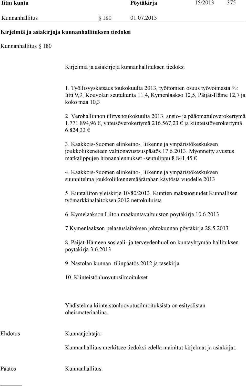 Verohallinnon tilitys toukokuulta 2013, ansio- ja pääomatuloverokertymä 1.771.894,96, yhteisöverokertymä 216.567,23 ja kiinteistöverokertymä 6.824,33 3.