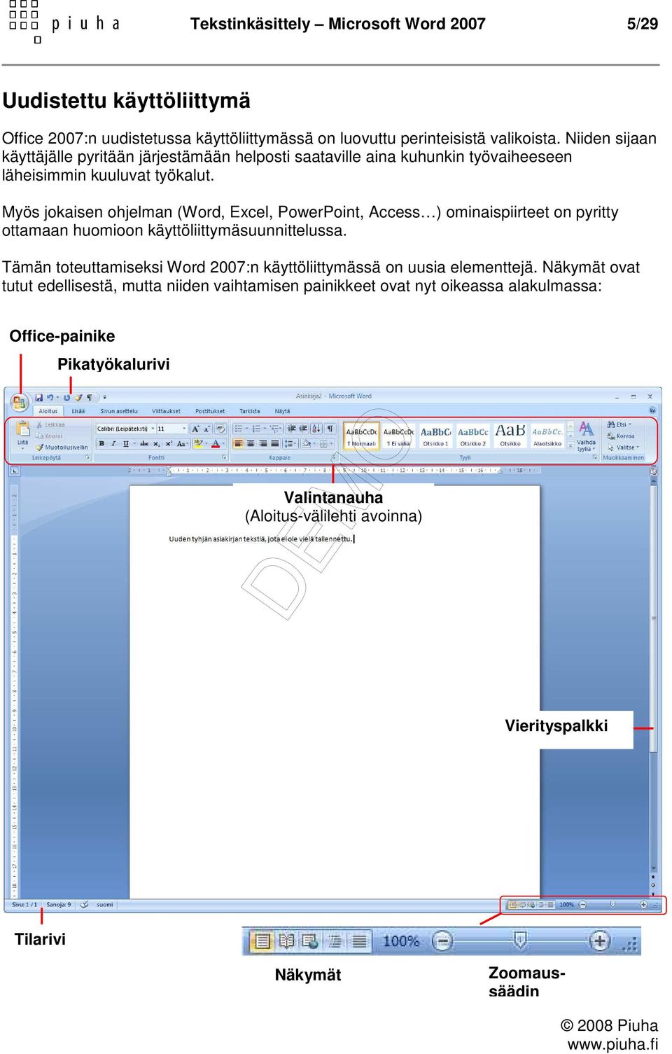 Myös jokaisen ohjelman (Word, Excel, PowerPoint, Access ) ominaispiirteet on pyritty ottamaan huomioon käyttöliittymäsuunnittelussa.