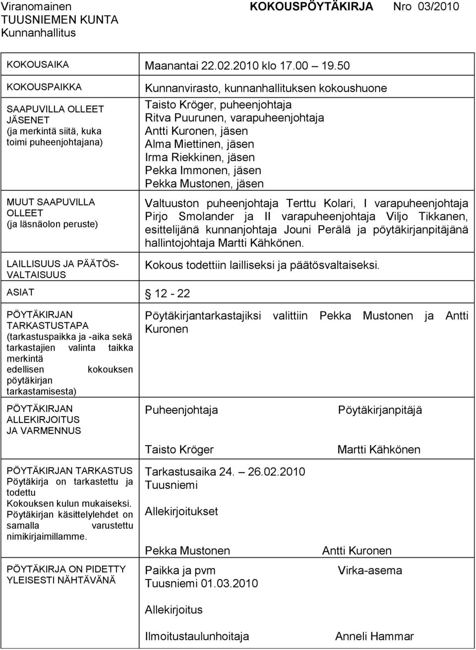 puheenjohtaja Ritva Puurunen, varapuheenjohtaja Antti Kuronen, jäsen Alma Miettinen, jäsen Irma Riekkinen, jäsen Pekka Immonen, jäsen Pekka Mustonen, jäsen Valtuuston puheenjohtaja Terttu Kolari, I