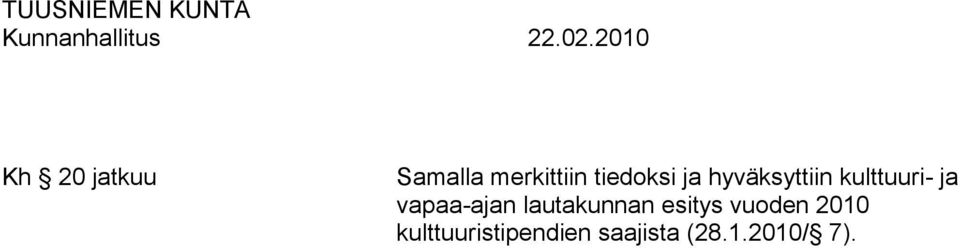 vapaa-ajan lautakunnan esitys vuoden