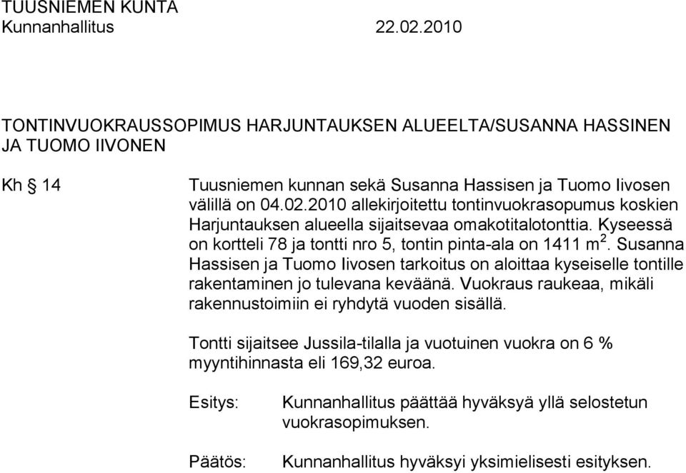 Kyseessä on kortteli 78 ja tontti nro 5, tontin pinta-ala on 1411 m 2.