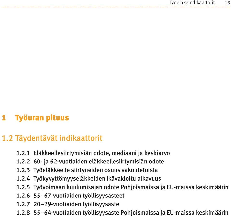 2.5 Työvoimaan kuulumisajan odote Pohjoismaissa ja EU-maissa keskimäärin 1.2.6 55 67-vuotiaiden työllisyysasteet 1.2.7 20 29-vuotiaiden työllisyysaste 1.