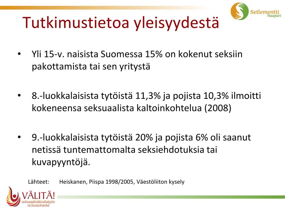 -luokkalaisista tytöistä 11,3% ja pojista 10,3% ilmoitti kokeneensa seksuaalista kaltoinkohtelua