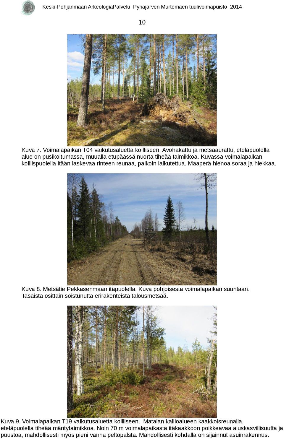 Kuva pohjoisesta voimalapaikan suuntaan. Tasaista osittain soistunutta erirakenteista talousmetsää. Kuva 9. Voimalapaikan T19 vaikutusaluetta koilliseen.