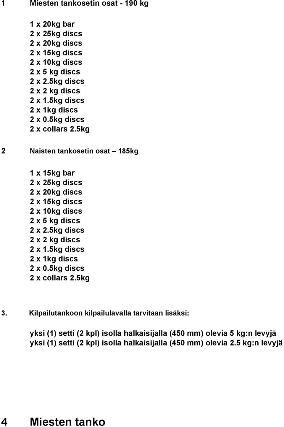 5kg 2 Naisten tankosetin osat 185kg 1 x 15kg bar 2 x 25kg discs 2 x 20kg discs 2 x 15kg discs 2 x 10kg discs 2 x 5 kg discs 2 x 2.5kg discs 2 x 2 kg discs 2 x 1.