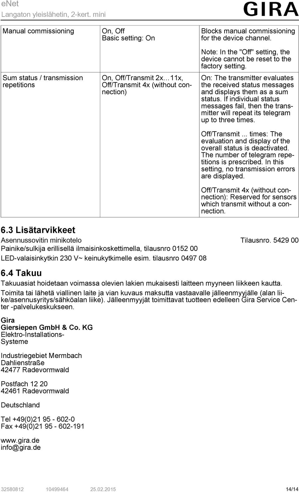 If individual status messages fail, then the transmitter will repeat its telegram up to three times. Off/Transmit... times: The evaluation and display of the overall status is deactivated.