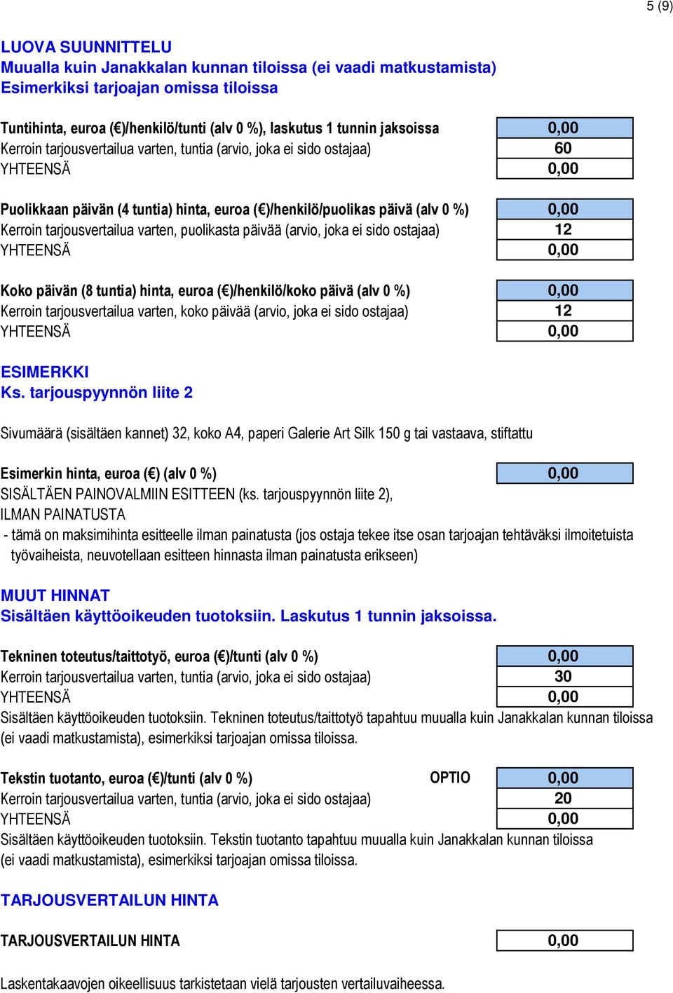 puolikasta päivää (arvio, joka ei sido ostajaa) Koko päivän (8 tuntia) hinta, euroa ( )/henkilö/koko päivä (alv 0 %) Kerroin tarjousvertailua varten, koko päivää (arvio, joka ei sido ostajaa) 60 12