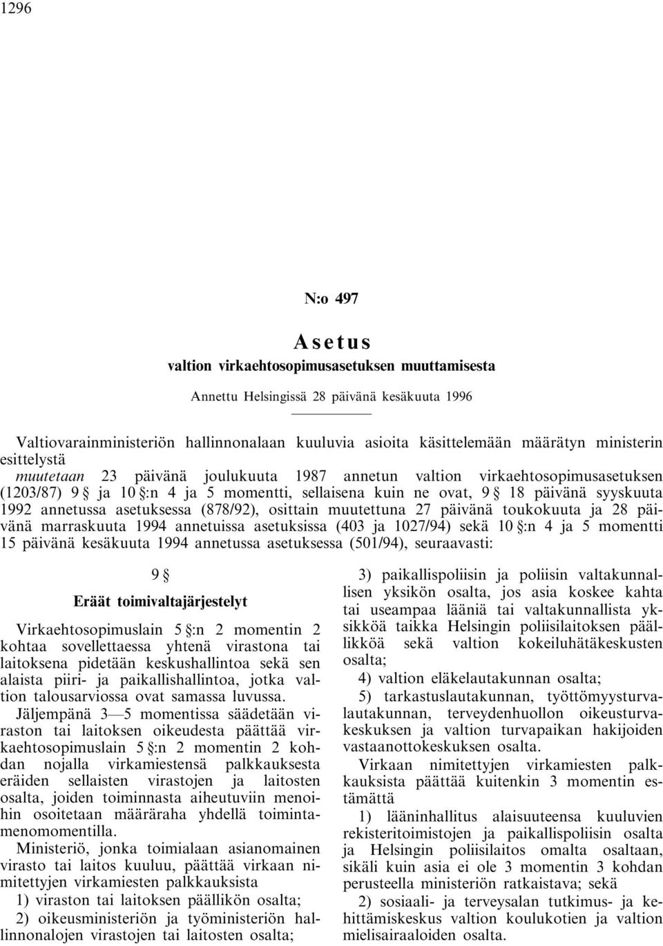 annetussa asetuksessa (878/92), osittain muutettuna 27 päivänä toukokuuta ja 28 päivänä marraskuuta 1994 annetuissa asetuksissa (403 ja 1027/94) sekä 10 :n 4 ja 5 momentti 15 päivänä kesäkuuta 1994