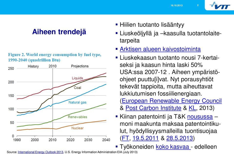 Energy Information Administration EIA (July 2013) Hiilien tuotanto lisääntyy Liuskeöljyllä ja kaasulla tuotantolaitetarpeita Arktisen alueen kaivostoiminta Liuskekaasun