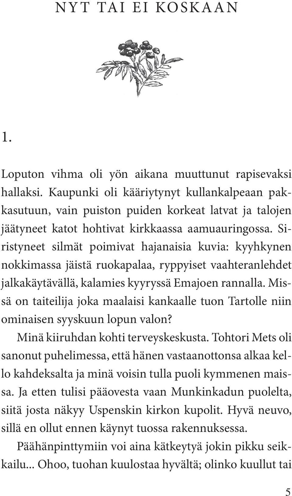 Siristyneet silmät poimivat hajanaisia kuvia: kyyhkynen nokkimassa jäistä ruokapalaa, ryppyiset vaahteranlehdet jalkakäytävällä, kalamies kyyryssä Emajoen rannalla.