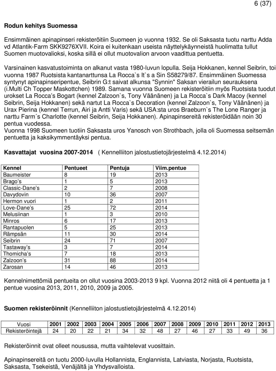 Varsinainen kasvatustoiminta on alkanut vasta 1980-luvun lopulla. Seija Hokkanen, kennel Seibrin, toi vuonna 1987 Ruotsista kantanarttunsa La Rocca`s It`s a Sin S58279/87.