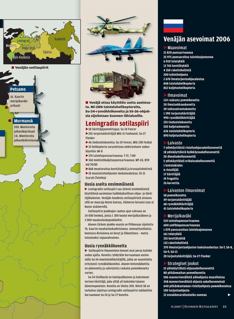 Leningradin sotilaspiiri 58 hävittäjäpommittajaa: Su-24 Fencer 201 torjuntahävittäjää MiG-31 Foxhound, Su-27 Flanker 46 tiedustelukonetta: Su-24 Fencer, MiG-25R Foxbat 35 helikopteria varustettuna